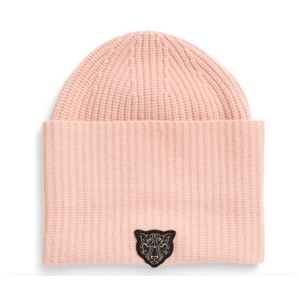 LITA By Ciara Recycled Cashmere Beanie In Pink With Black Cheetah Logo New